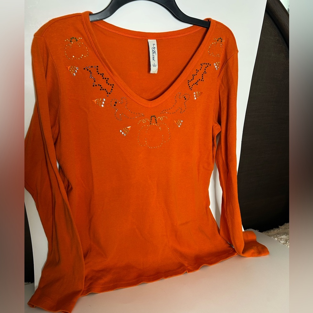 L.A Blues Halloween Embellished Orange Knit V-Neck Top Size L